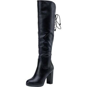 Women's Blackpu-imitation Suede Thigh High Over The Knee Rounded Toe Tall Boot